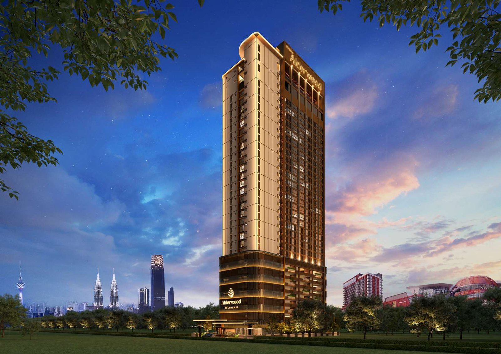 黄昏时分的Alderwood Residence大楼，远处为吉隆坡天际线（效果图）