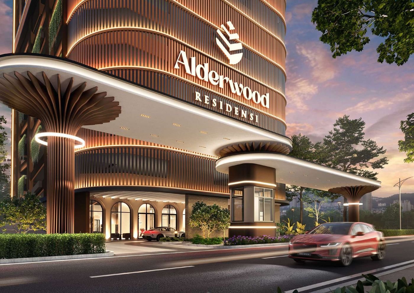 黄昏时分的Alderwood Residence入口（效果图）
