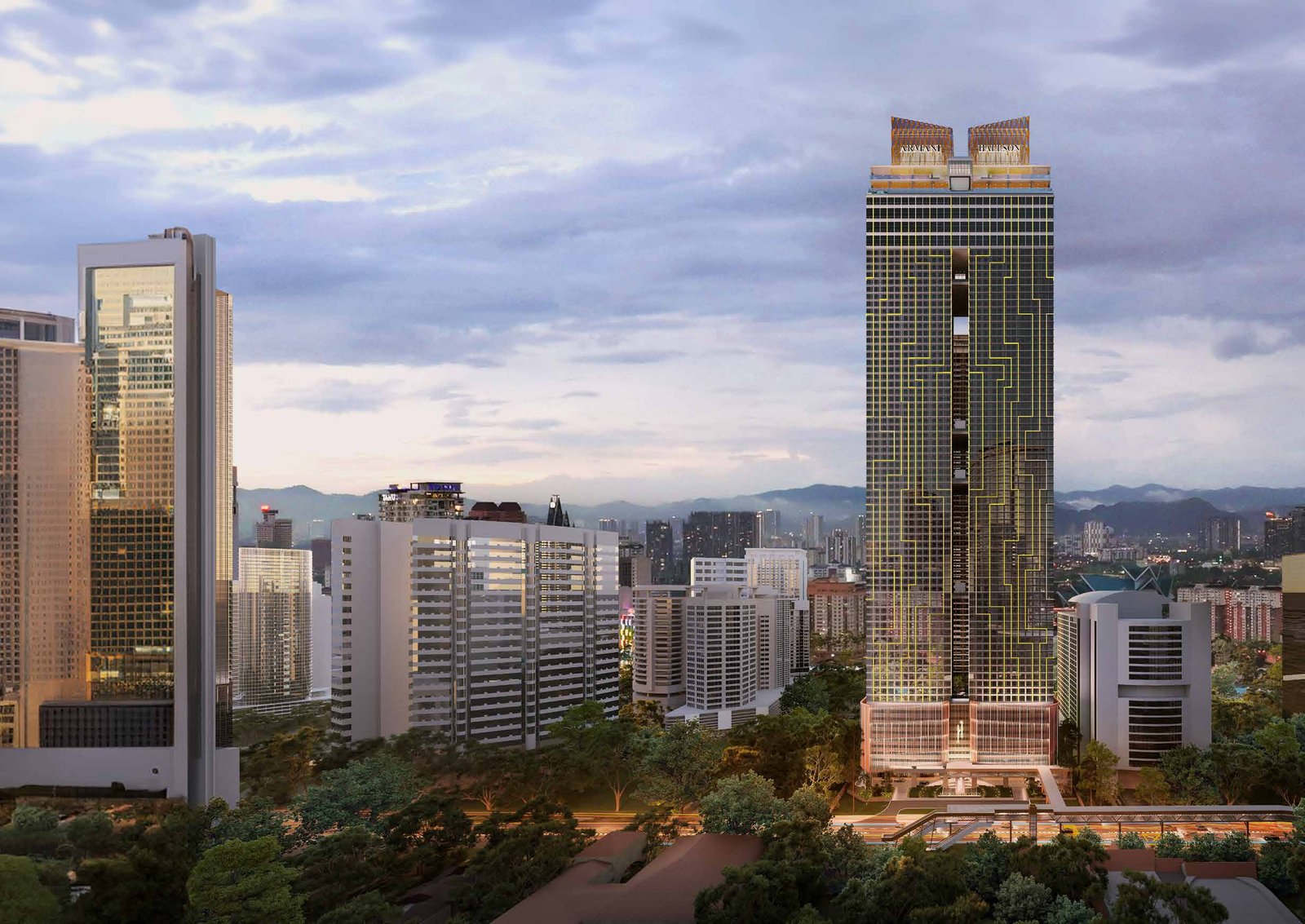 Armani Hallson KLCC tower at dusk against the Kuala Lumpur skyline