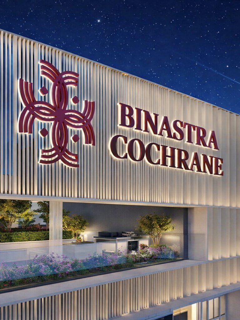 Binastra Cochrane facade illuminated at dusk
