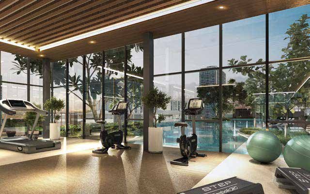 Podium gymnasium overlooking the pool deck
