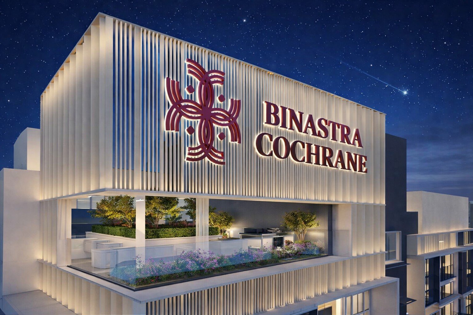 Binastra Cochrane facade illuminated at dusk