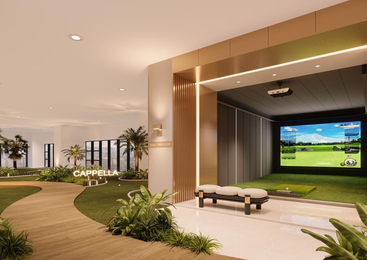Golf simulator room beside an indoor putting green (artist's impression)