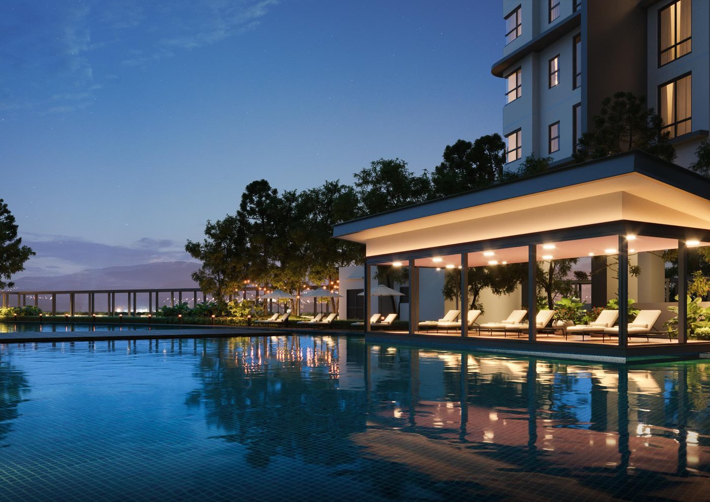 Swimming pool and poolside pavilion at dusk (artist's impression)