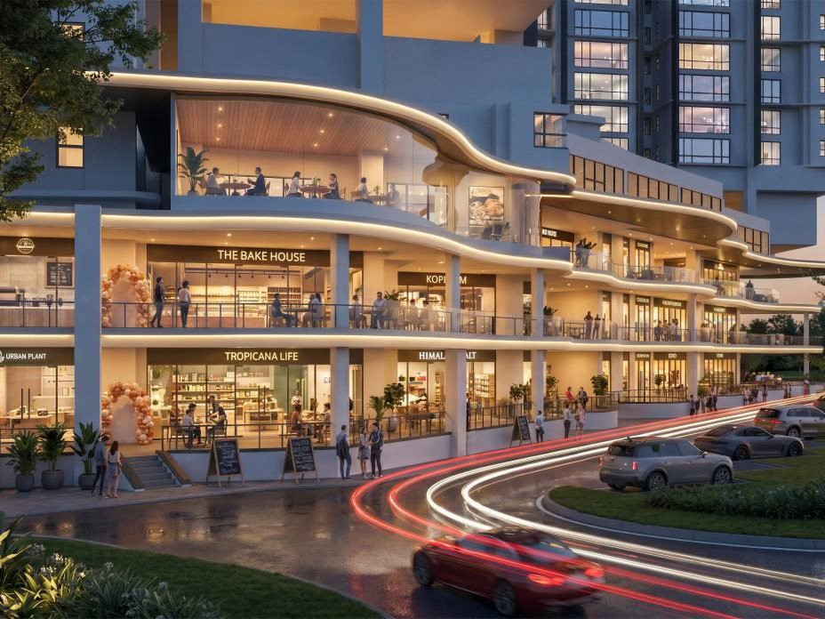 The Shoppes retail podium at Cappella Embassy in the evening (artist's impression)