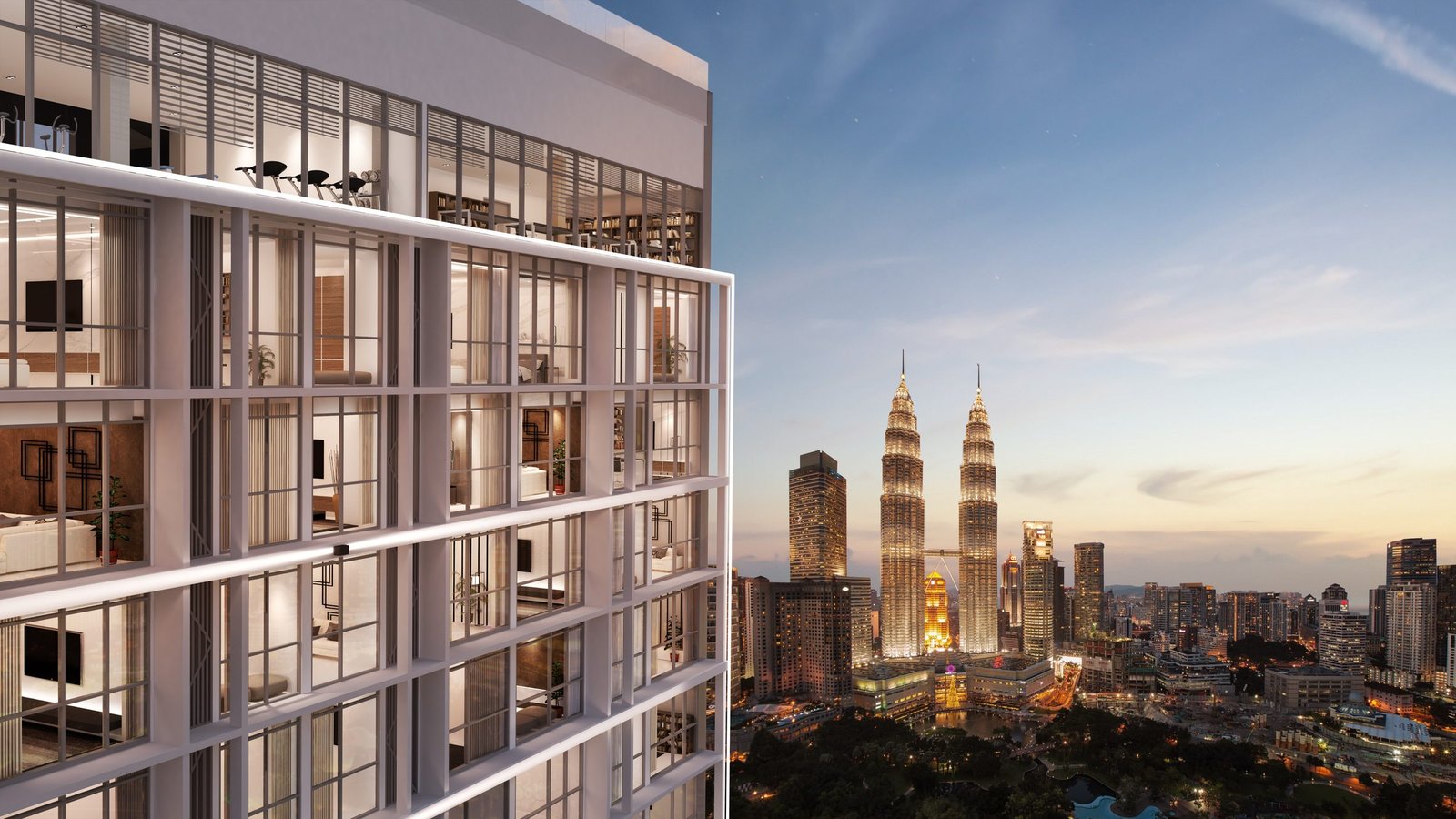 Golden Crown Residence facade with the Petronas Twin Towers beyond