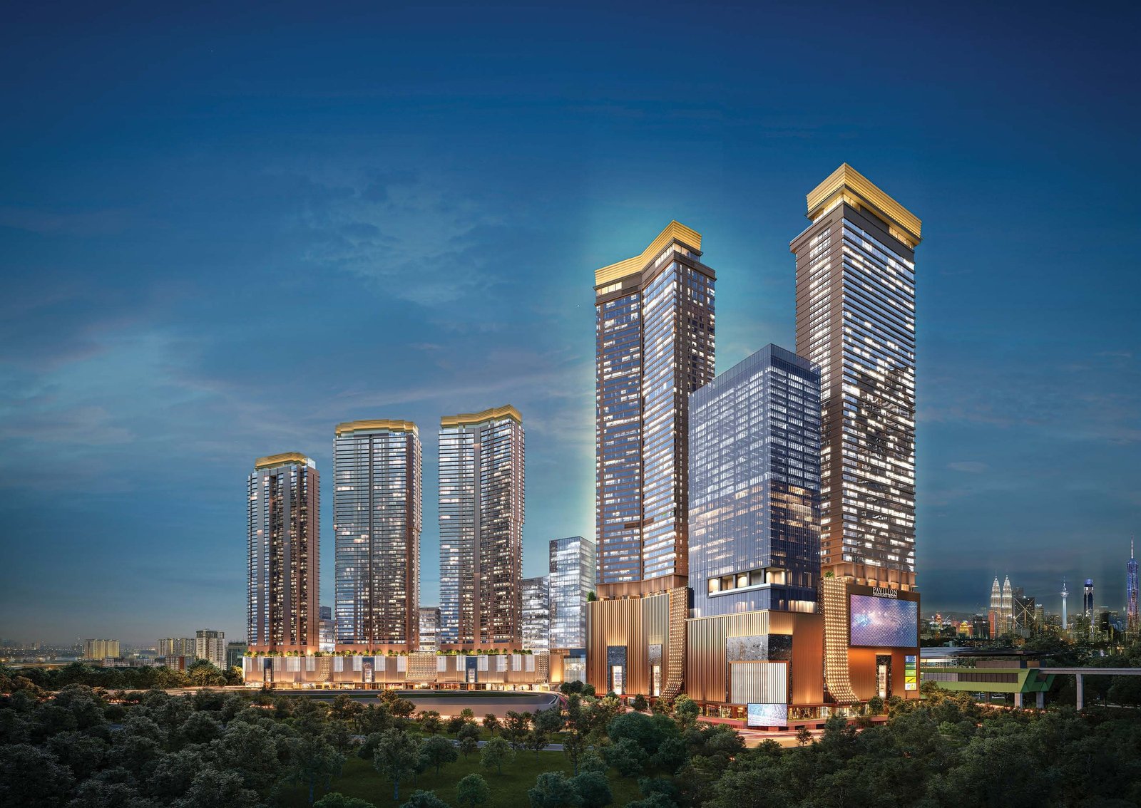 Imperial Residences towers within the Pavilion Damansara Heights masterplan at dusk