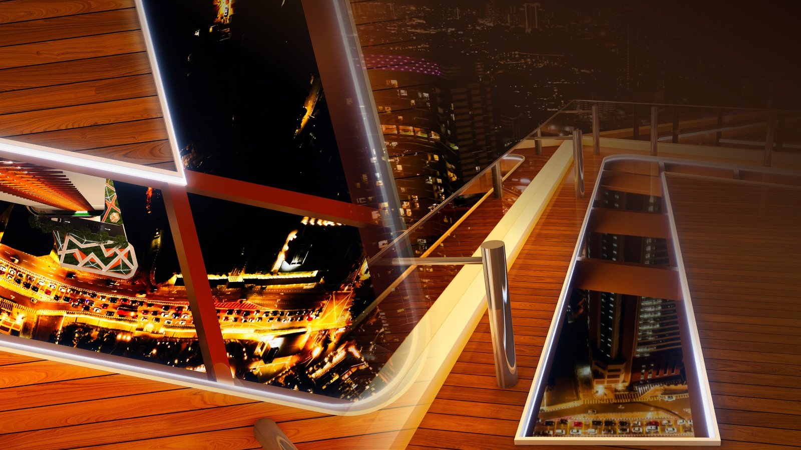 Glass walk experience above the city at night