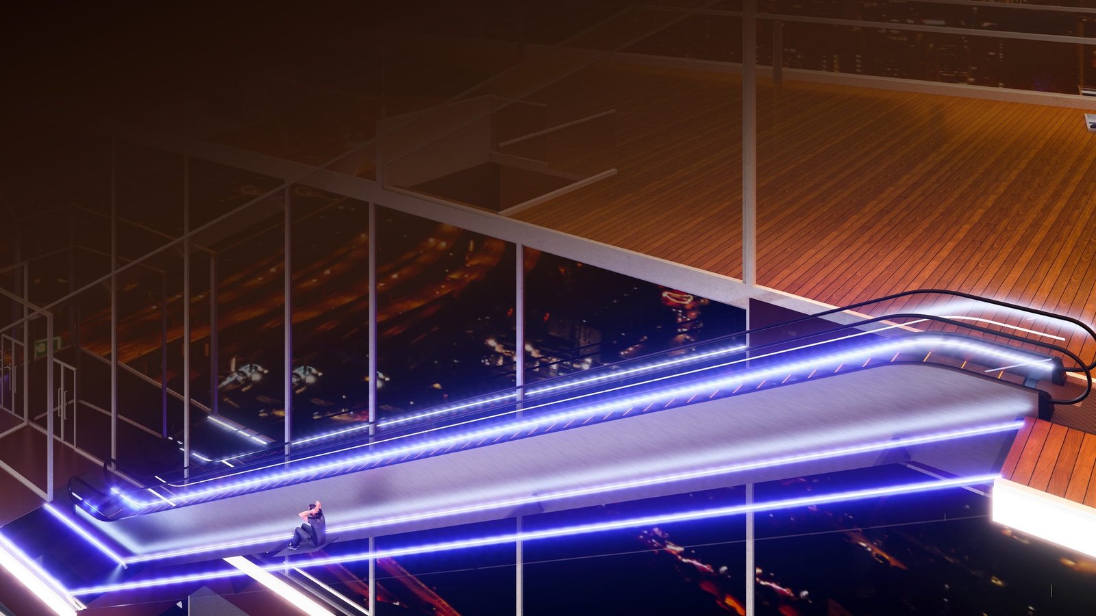 Illuminated skyline slide and escalator