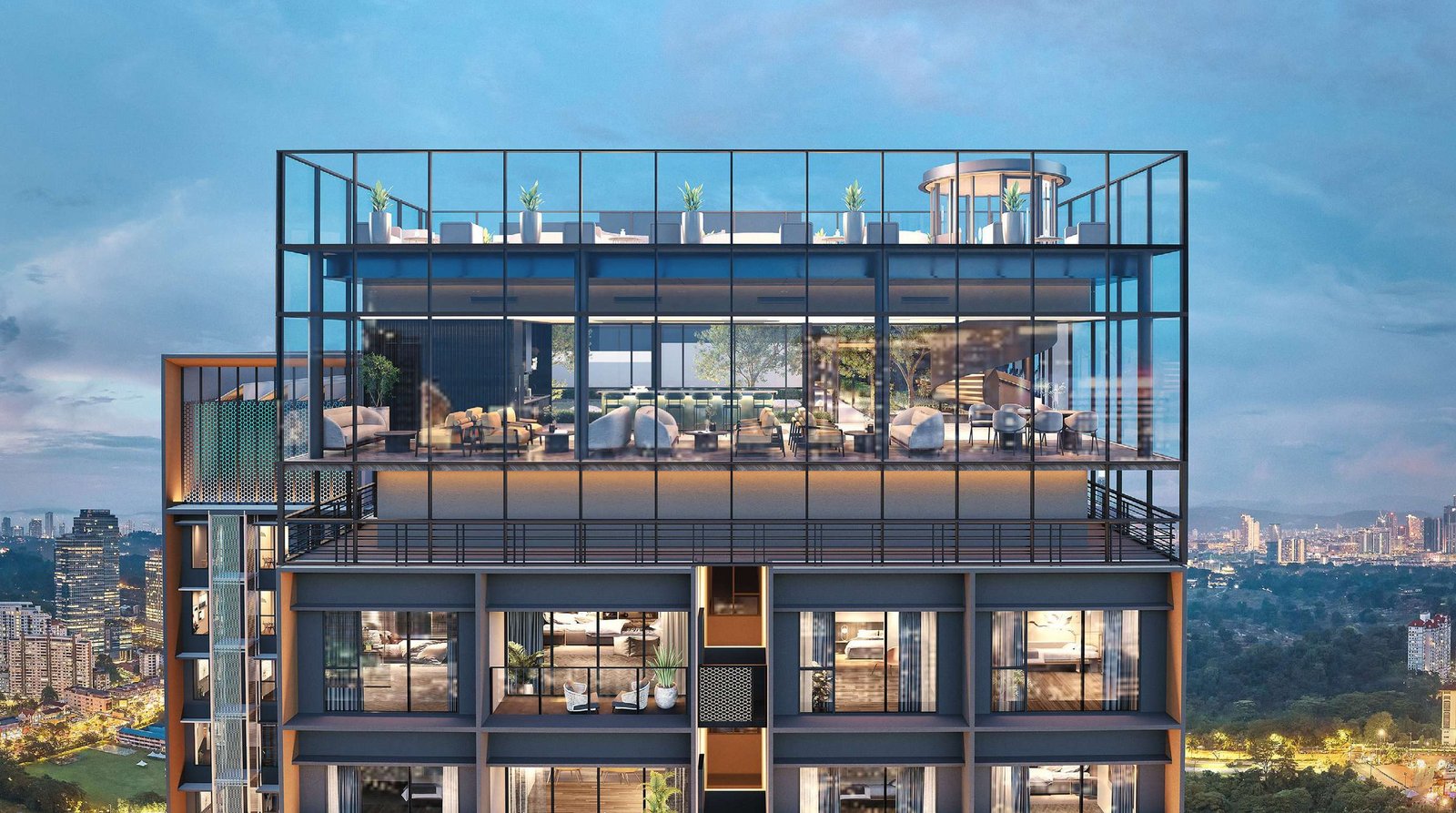 黄昏时分的Parkside Residences顶层，远处为吉隆坡天际线（效果图）